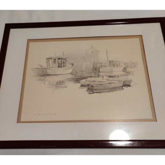 Vintage Ferdinand Ralph F R Petrie Fishing Boat Harbor Dock Print Signed 12x16.5 - Picture 4 of 8